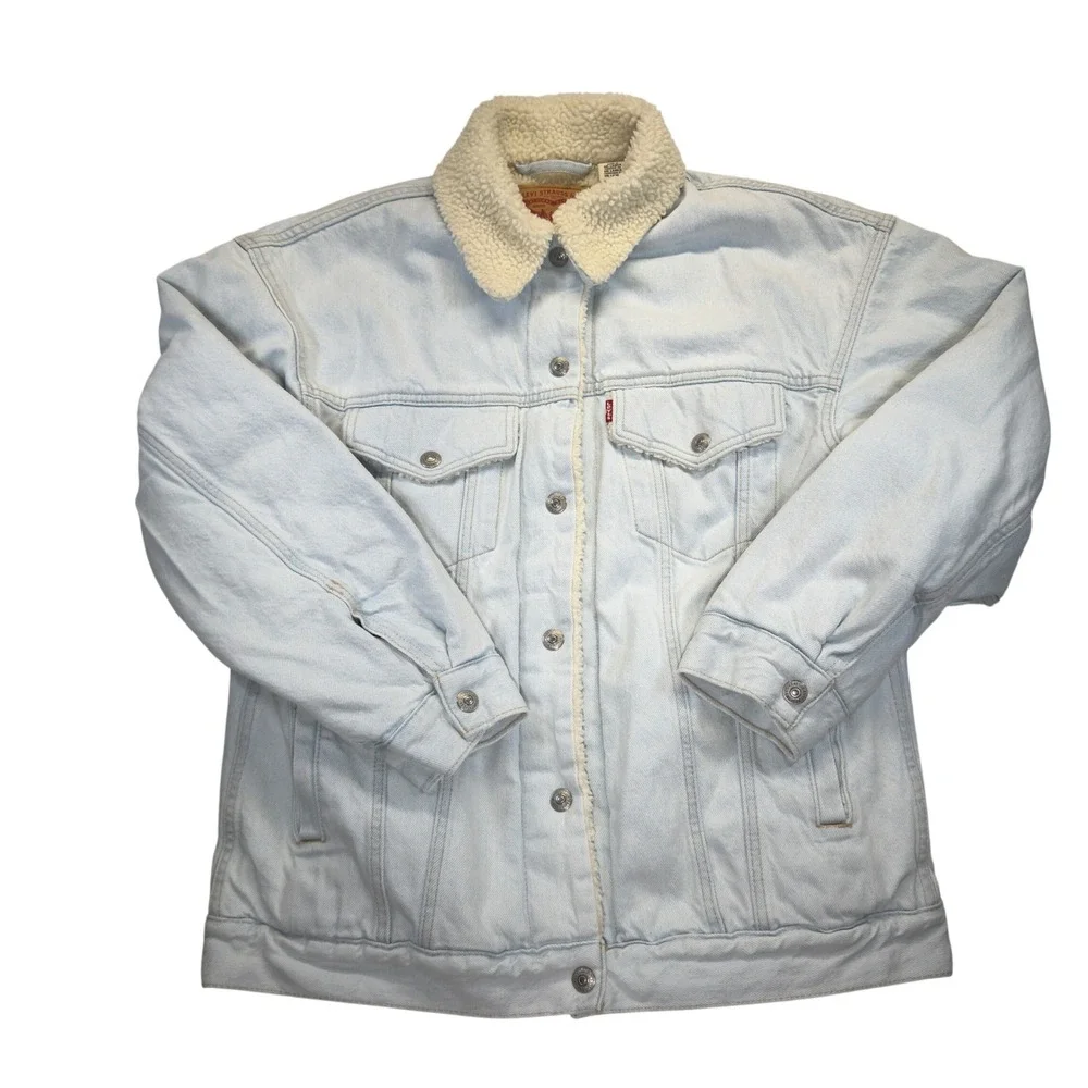 Levis Sherpa Trucker Jacket Womens S Light Wash Denim Fleece Lined Winter